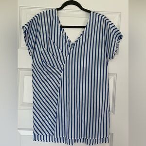 Harshman Blue and White Faux Wrap 100% Cotton Blouse Top
